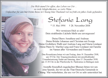 Traueranzeige von Stefanie Lang von Allgäuer Zeitung, Marktoberdorf