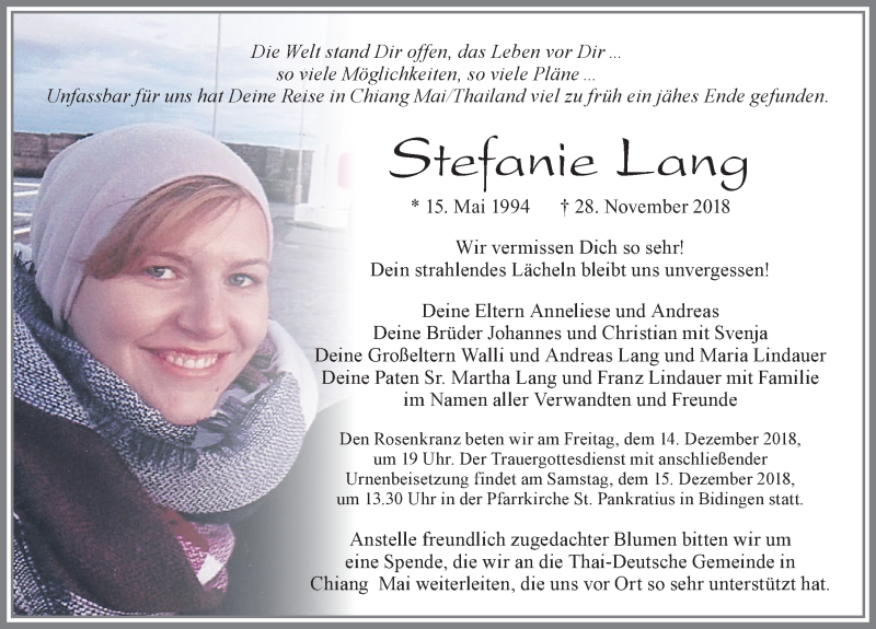  Traueranzeige für Stefanie Lang vom 13.12.2018 aus Allgäuer Zeitung, Marktoberdorf