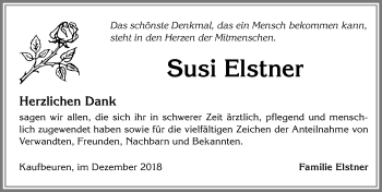 Traueranzeige von Susi Elstner von Allgäuer Zeitung, Kaufbeuren/Buchloe