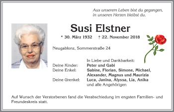 Traueranzeige von Susi Elstner von Allgäuer Zeitung, Kaufbeuren/Buchloe