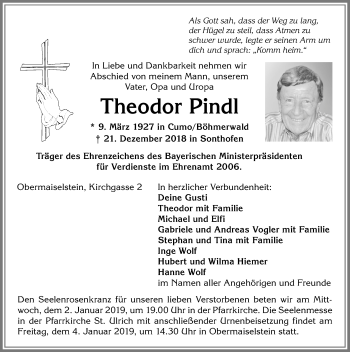 Traueranzeige von Theodor Pindl von Allgäuer Anzeigeblatt