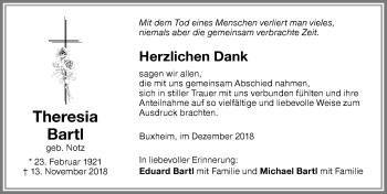 Traueranzeige von Theresia Bartl von Memminger Zeitung