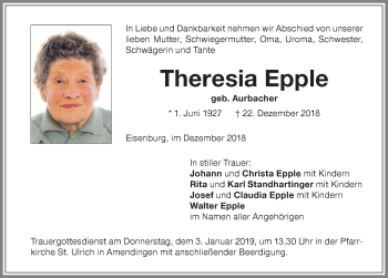 Traueranzeige von Theresia Epple von Memminger Zeitung