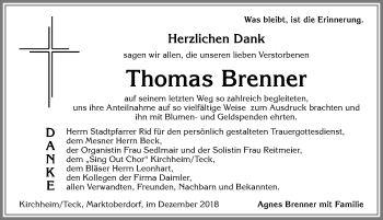 Traueranzeige von Thomas Brenner von Allgäuer Zeitung, Marktoberdorf