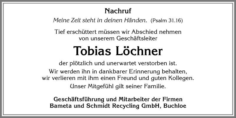  Traueranzeige für Tobias Löchner vom 21.12.2018 aus Allgäuer Zeitung