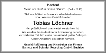 Traueranzeige von Tobias Löchner von Allgäuer Zeitung