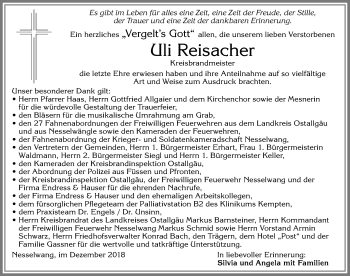 Traueranzeige von Uli Reisacher von Allgäuer Zeitung