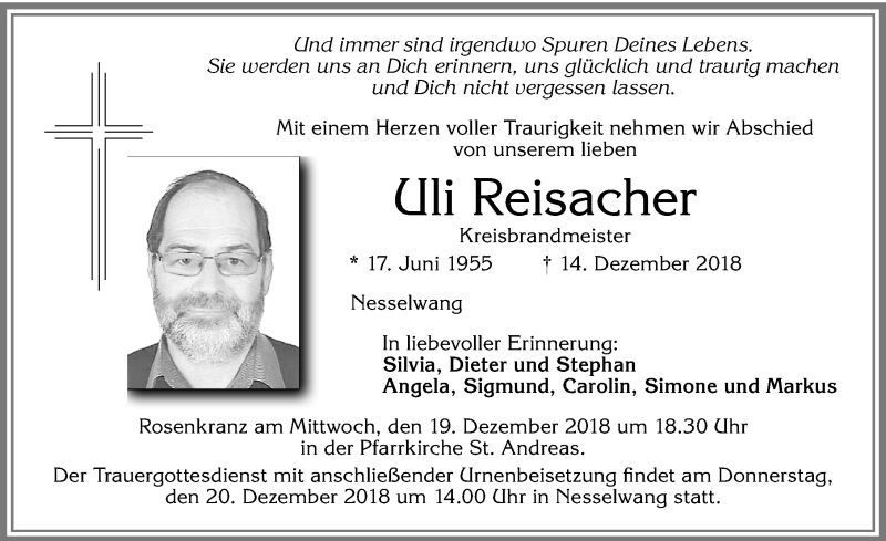  Traueranzeige für Uli Reisacher vom 17.12.2018 aus Allgäuer Zeitung, Füssen