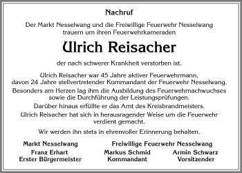 Traueranzeige von Ulrich Reisacher von Allgäuer Zeitung, Füssen