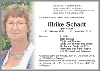 Traueranzeige von Ulrike Schadt von Allgäuer Zeitung,Kempten