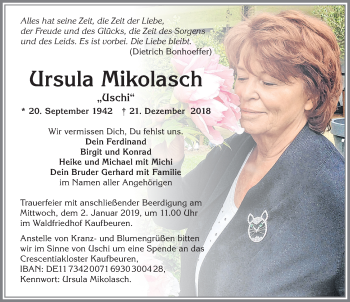Traueranzeige von Ursula Mikolasch von Allgäuer Zeitung, Kaufbeuren/Buchloe