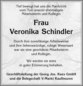 Traueranzeige von Veronika Schindler von Allgäuer Zeitung, Kaufbeuren/Buchloe