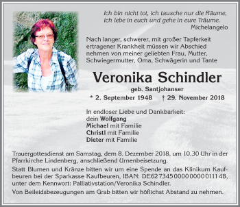 Traueranzeige von Veronika Schindler von Allgäuer Zeitung, Kaufbeuren/Buchloe