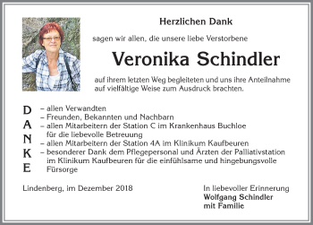 Traueranzeige von Veronika Schindler von Allgäuer Zeitung, Kaufbeuren/Buchloe