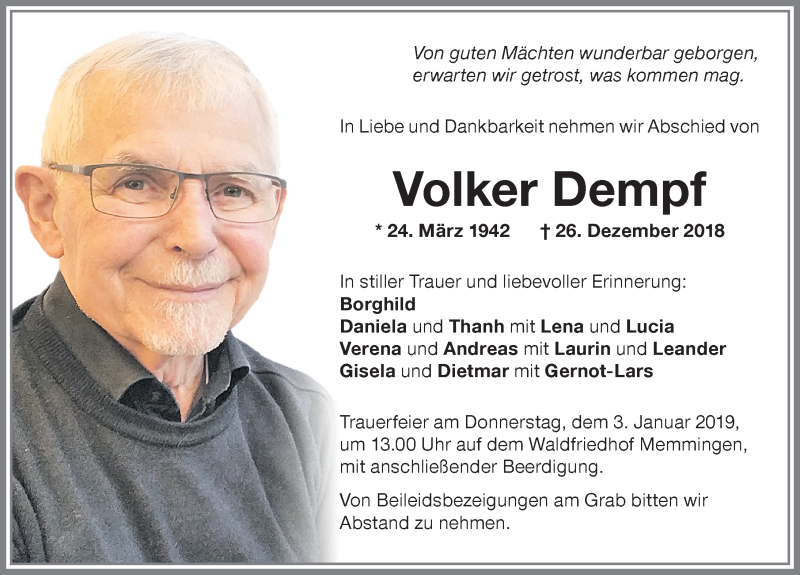  Traueranzeige für Volker Dempf vom 31.12.2018 aus Memminger Zeitung