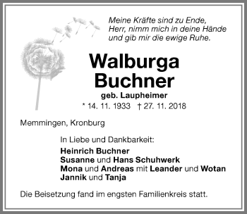 Traueranzeige von Walburga Buchner von Memminger Zeitung