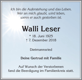 Traueranzeige von Walli Leser von Allgäuer Zeitung,Kempten