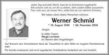 Traueranzeige von Werner Schmid von Allgäuer Zeitung, Kaufbeuren/Buchloe