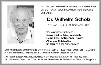 Traueranzeige von Wilhelm Scholz von Allgäuer Zeitung, Füssen