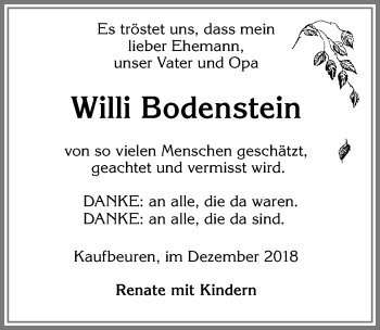 Traueranzeige von Willi Bodenstein von Allgäuer Zeitung, Kaufbeuren/Buchloe