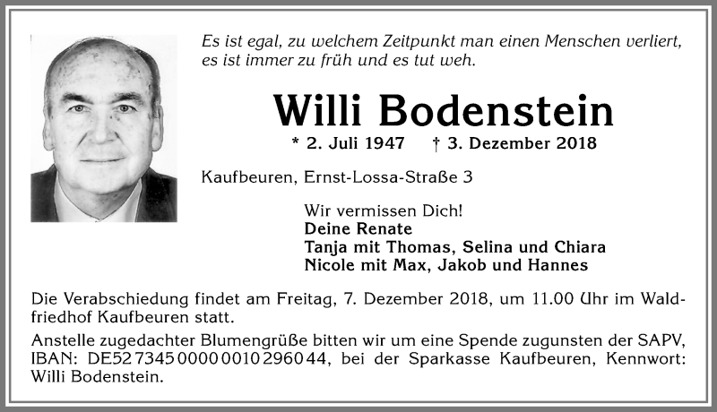  Traueranzeige für Willi Bodenstein vom 05.12.2018 aus Allgäuer Zeitung, Kaufbeuren/Buchloe