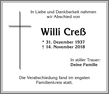 Traueranzeige von Willi Creß von Allgäuer Zeitung,Kempten