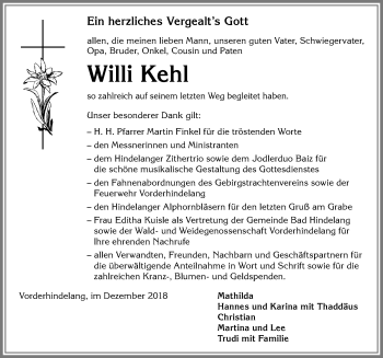 Traueranzeige von Willi Kehl von Allgäuer Anzeigeblatt