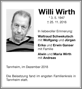 Traueranzeige von Willi Wirth von Memminger Zeitung