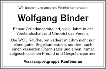 Traueranzeige von Wolfgang Binder von Allgäuer Zeitung, Kaufbeuren/Buchloe