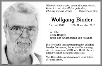 Traueranzeige von Wolfgang Binder von Allgäuer Zeitung, Kaufbeuren/Buchloe