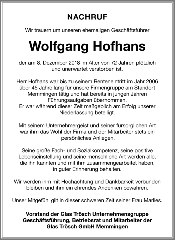 Traueranzeige von Wolfgang Hofhans von Memminger Zeitung