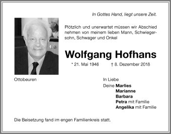 Traueranzeige von Wolfgang Hofhans von Memminger Zeitung