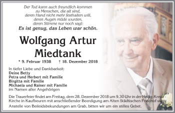 Traueranzeige von Wolfgang Artur Miedtank von Allgäuer Zeitung, Kaufbeuren/Buchloe