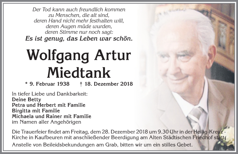  Traueranzeige für Wolfgang Artur Miedtank vom 24.12.2018 aus Allgäuer Zeitung, Kaufbeuren/Buchloe