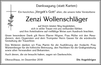 Traueranzeige von Zenzi Wollenschläger von Allgäuer Zeitung,Kempten