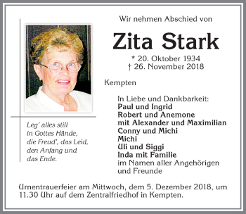 Traueranzeige von Zita Stark von Allgäuer Zeitung,Kempten