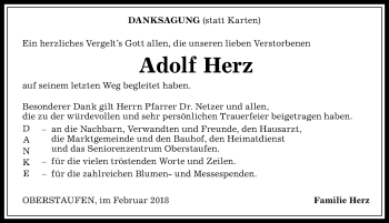 Traueranzeige von Adolf Herz von Allgäuer Anzeigeblatt
