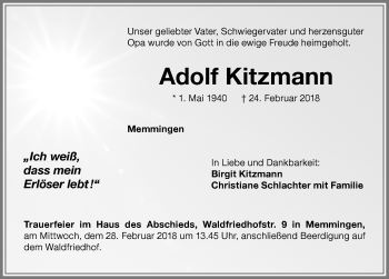Traueranzeige von Adolf Kitzmann von Memminger Zeitung