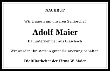 Traueranzeige von Adolf Maier von Allgäuer Anzeigeblatt