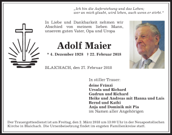 Traueranzeige von Adolf Maier von Allgäuer Anzeigeblatt