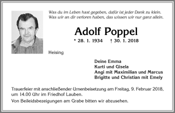 Traueranzeige von Adolf Poppel von Allgäuer Zeitung,Kempten