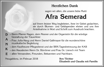 Traueranzeige von Afra Semerad von Allgäuer Zeitung, Kaufbeuren/Buchloe
