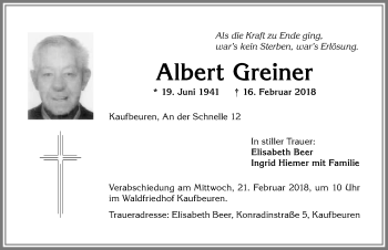 Traueranzeige von Albert Greiner von Allgäuer Zeitung, Kaufbeuren/Buchloe