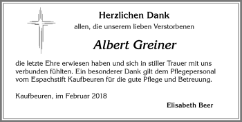 Traueranzeige von Albert Greiner von Allgäuer Zeitung, Kaufbeuren/Buchloe