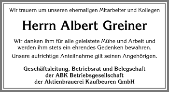 Traueranzeige von Albert Greiner von Allgäuer Zeitung, Kaufbeuren/Buchloe
