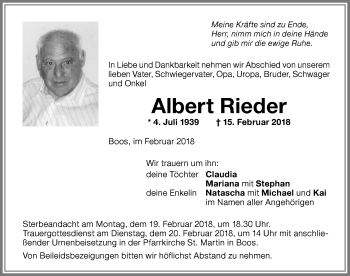 Traueranzeige von Albert Rieder von Memminger Zeitung