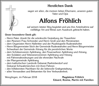 Traueranzeige von Alfons Fröhlich von Allgäuer Zeitung