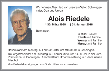 Traueranzeige von Alois Riedele von Memminger Zeitung