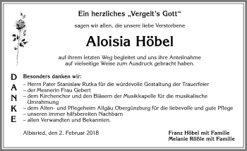 Traueranzeige von Aloisia Höbel von Allgäuer Zeitung, Marktoberdorf