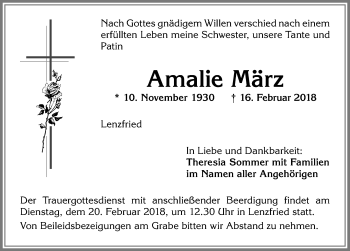 Traueranzeige von Amalie März von Allgäuer Zeitung,Kempten